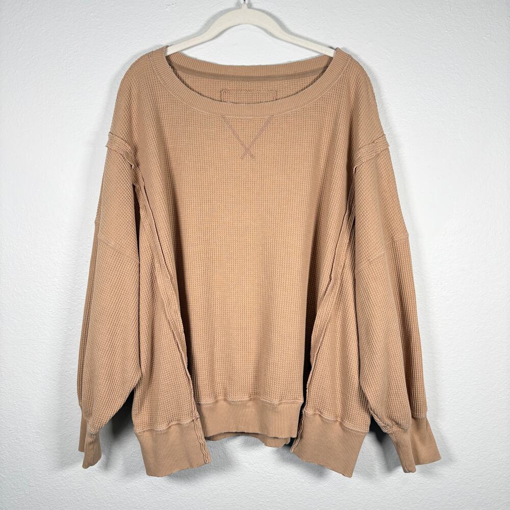 American Eagle Tan Oversized Long Sleeve Wide Crewneck Big Hug Sweatshirt